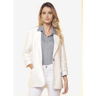 Blazer de Linho Puro Branco Feminino Sob Longo com Bolsos