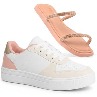 Tênis Sneakers Feminino Branco Cano Baixo Kit Com Papete Rose Feminina Sandália Versátil