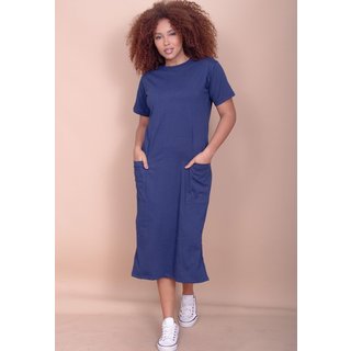 Vestido Cabanafree Midi Algodão Manga Curta 02 Bolsos Azul Marinho