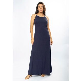 Vestido Longo Amazônia Vital Malha Trapézio Estampa Azul Marinho