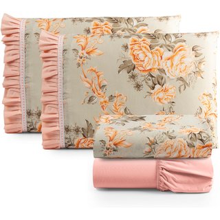 Jogo Cama Lençol Fiore Casa Scarpa Casal Padrão Estampado 180 Fios 100% Algodão com Babadinho 4 Peças Salmão Floral