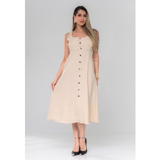 Vestido Mid Regata Fechamento Com Botões Frontais Moda Verão Casual Amarração Ajuste Confortável