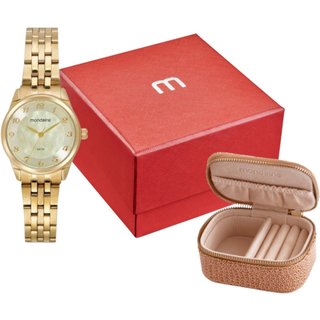 Kit Relógio Feminino Madrepérola Dourado Com Porta-Joias Mondaine
