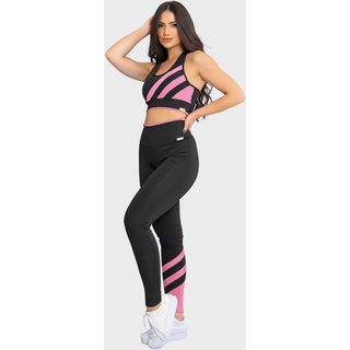 Conjunto Fitness Tarelles Top Calça Legging Cintura Alta Listras Preto e Rosa Claro