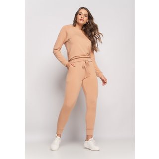 Conjunto Comfy Com Casaco Gola Canoa e Jogger Moletinho Salvatore Fashion Bege