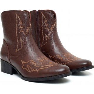 Bota Country Feminina Luxo Cano Médio De Couro Salto Baixo Mod.11007 Marrom