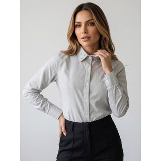 Camisa Social Feminina smoke Estampa Tipo Linho com Strass e Pérolas na Gola e Peitilho Iluminado Premium