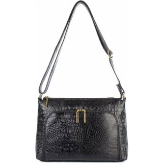 Bolsa de couro croco tiracolo Ninna - Preto