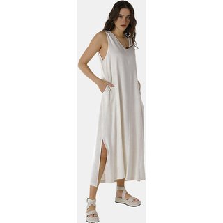 Vestido Longo de Linho Areia Gola V com Bolsos Sob