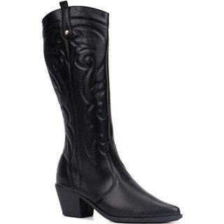 Bota Feminina Texana Cano Alto Western Bordada Com Bico Fino