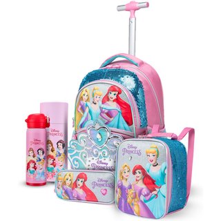 Infantil - Kit Mochila Garrafa Lancheira Estojo Rodinha Princesas Disney