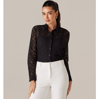 Camisa Manga Longa Renda Feminina Preta