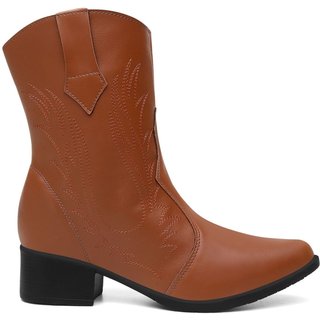 Bota Texana Cano Medio Western Marrom Bordada