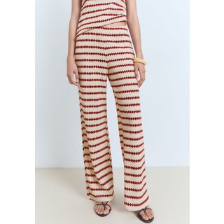 Calça Feminina Mango Reta Tricô Listrada Bege e Vermelho