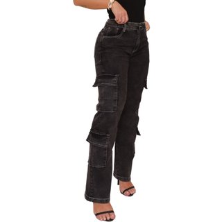 Calça Feminina Cargo Grafite Jeans Loka 4 Bolsos Funcionais