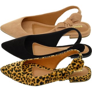 Kit 3 Pares Sapatilha Feminina Bico Fino Mule Slingback CM Calçados Laço Preto, Nude e Onça Camurça