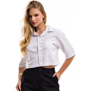 Cropped Camisa Restrito Jeans de Linho Oversized Social - BRANCO