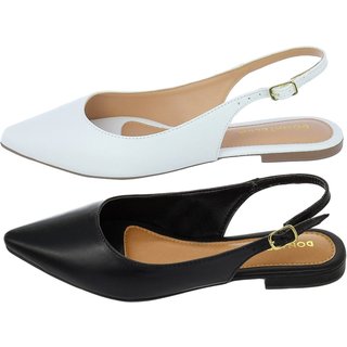 Kit 2 Pares Mule Feminino Sapatilha Bico Fino Donatella Shoes Rasteira Slingback Lisa Clássica Preto e Branco