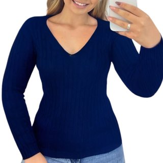 Blusa Suéter Feminino Industrie de Tricô Azul Marinho Manga Longa