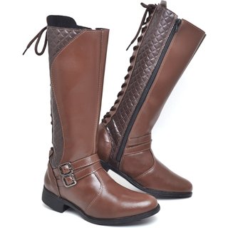 Bota Feminina Cano Longo Moderna Marrom em Sintético com Amarração Polo Blu do 33 ao 40