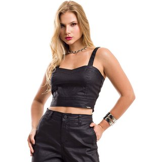 Cropped Restrito Jeans Resinado Premium Com Elastano - Preto
