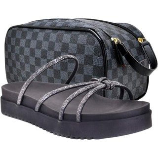Kit Sandália Feminina Papete Confortável e Bolsa Necessaire Para Quem Busca Estilo e Funcionalidade Preto