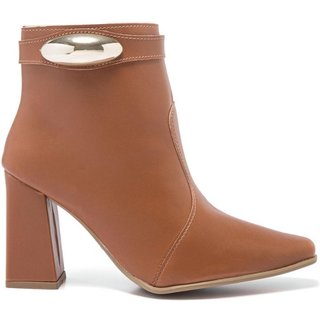 Bota Feminina Stessy Shoes Cano Curto Lesma Metalizada Salto Bloco Casual Caramelo