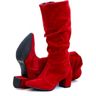 Botas Femininas Camurça Cano Enrugado Lirom Salto Grosso Confortável Vermelha