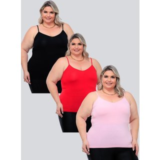 Kit 3 Peças Regata Plus Size Feminina Básica Viscolycra Alcinha Fina Leve estilo Casual GARAIS MODA moda Verão Preto Vermelho Rosa