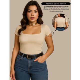 Blusa Feminina Nude Decotada Casual Basica Tendencia Ribana Algodao Premium