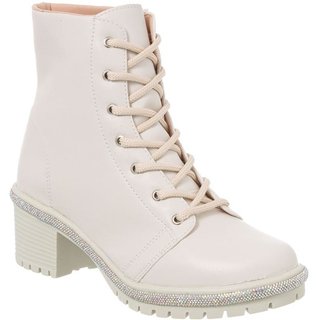 Bota Coturno Feminino Strass Cano Curto Saltinho Médio Leve Moda Off White
