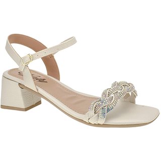 Sandália Salto 5cm Strass Trançado Feminino Casual Social Off White