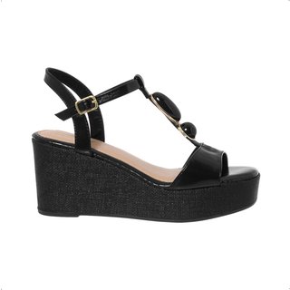 Sandália Anabela Plataforma Stessy Boho Chic Pedraria Rafia Lançamento Verão Preto