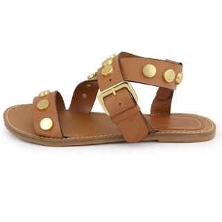 Sandália Rasteira Cravo Feminina em Couro Maria Paula Camel