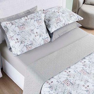 Kit Cobre Leito Colcha Casa Scarpa Maris Casal Padrão Estampado Dupla Face Percalle 200 Fios 3 Peças Protea Cinza