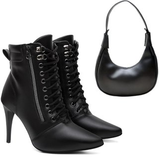 Kit Bota Feminina Salto Alto Anna Andrade Bico Fino Cano Médio Zíper Amarrar Tendência e Bolsa Preto