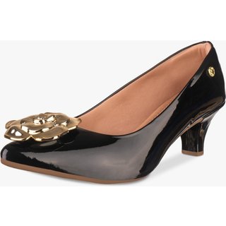 Scarpin Feminino Takata Salto Baixo Fino Sapato Boneca Flor Verniz Preto