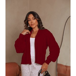 Casaco Cherry Line Mousse Tricô Manga Longa Bufante Textura Vermelho