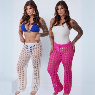 Kit 2 Calça Tricô Saída De Praia Feminina Pantalona Luxo Tendencia Branco-Pink