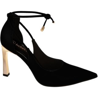 Sapato Feminino Scarpin Preto Nobuck Salto Fino Dourado cê