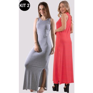 Kit 2 Vestidos Longo 4 Estações Listrado Verão Cinza/Vermelho