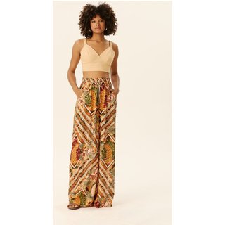 Calça Pantalona com Fendas Estampada Panamá