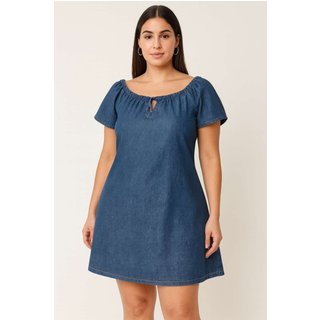 Vestido Jeans Modelo Cigana Evase com Decote Gota Manga