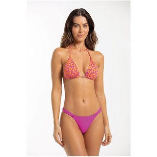 Conjunto Biquíni Cortininha Estampado Rosa Pink e Laranja com Detalhe Trançado nas Laterais