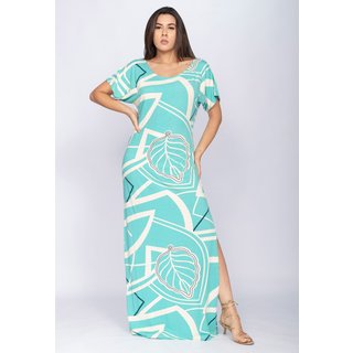 Vestido CabanaFree Longo Malha Fenda na Lateral Estampa Aqua Flora