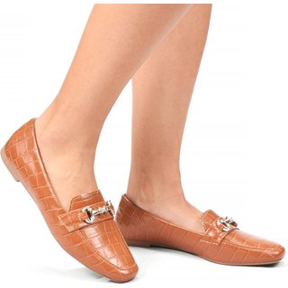 Sapato Mocassim Donatella Shoes Bico Quadrado Croco Caramelo