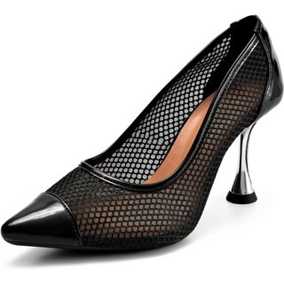 Scarpin Feminino Lumiss Salto Alto Fino Metalizado Tela Bico Fino Preto