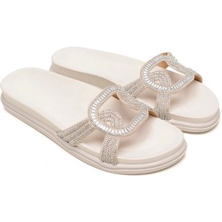 Sandália Feminina Flatform Anna Andrade Rasteirinha Casual Brilho Papete Slide Tendência Off White