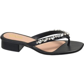 Sandália Feminina GiGiL Rasteirinha de Dedo Flip Flop Pedraria Salto Baixo Bico Quadrado Confortável Preto