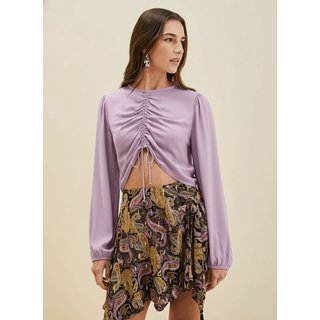 Blusa Morena Rosa Solta Decote Careca Manga Longa Padrão Lilás